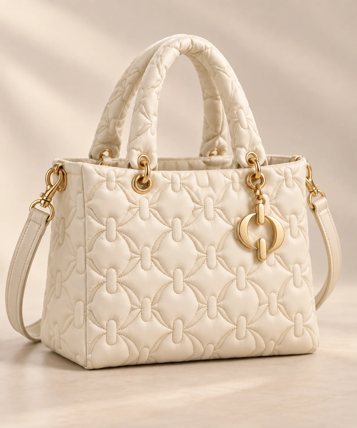 Close-up of ivory signature quilting and a sculptural gold-tone TOKEN charm.